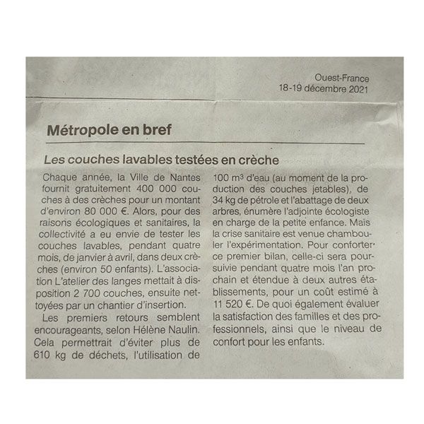 Location lavage couches lavables Nantes HAMAC L'Atelier des Langes ouest france loire-atlantique